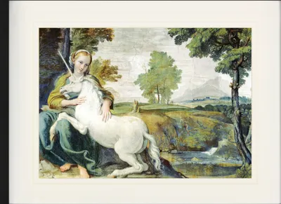 Zdjęcie produktu dla Domenichino Oprawiony obraz z eleganckim passe-partout | Sztuka ścienna | W ramie obrazu - Dziewica z jednorożcem, 1602 (60 x 80 cm)