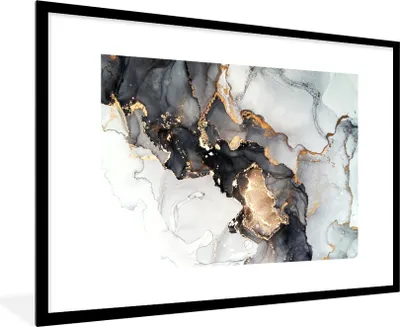 Produktbild von MuchoWow® Gerahmtes Poster Marmor - Schwarz - Weiß - Gold - Luxus - Abstrakt 90x60 cm - Poster mit Schwarzem Bilderrahmen Wandposter Rahmen Foto Bilder - Wanddekoration - Fotos