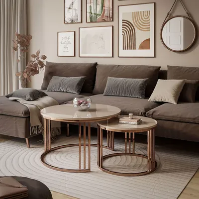 Produktbild von Set Couchtische LORI 2in1 Hochglanz mit kupferfarbener Basis