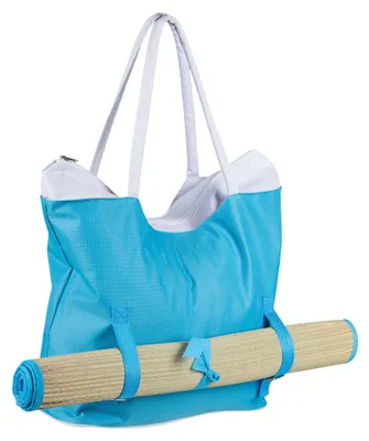 Produktbild von Strandtasche mit Reißverschluss und 2 Trageriemen, Strandmatte mit 2 Klemmverschlüssen außen an der Strandtasche fixierbar
