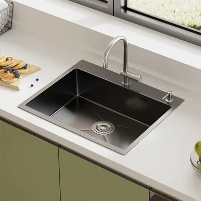 Produktbild von Spüle Einheit 1 Becken 50 x 45 cm, STANEW Edelstahlspüle mit Abflussfilter, Hahnlöchern und Seifenspender, Kompaktküche, Wohnmobil