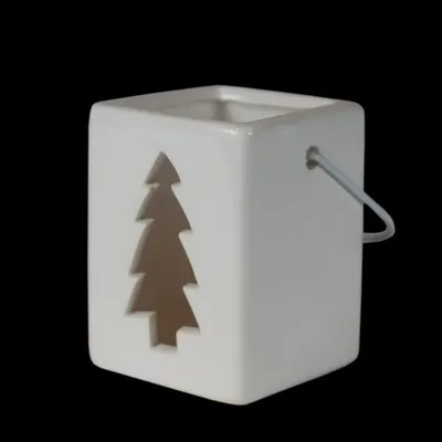 Produktbild von Weiße Keramik-Teelichtlaterne mit Weihnachtsbaummotiv - 7,2 x 5,5 x 5,5 cm