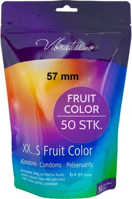 Obrázok produktu pre Kondómy VIBRATISSIMO Fruit Color, balenie po 50 kusoch | prirodzený pocit a extra vlhkosť | pre mužov | uzatvárateľný sáčok | farebné | jemné | b=57 mm