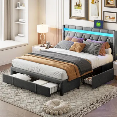 Obrázek produktu pro Postel s čalouněnou čelo - Dvoulůžko - Rám postele - Postel s LED podsvícením - Postel s úložným prostorem - Rozměry 140x200 cm - S USB portem