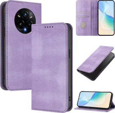 Obrázek produktu pro Pouzdro pro Realme 14 Pro+, vintage kožené pouzdro s RFID ochranou, přihrádkami na karty, stojánkem Fialový