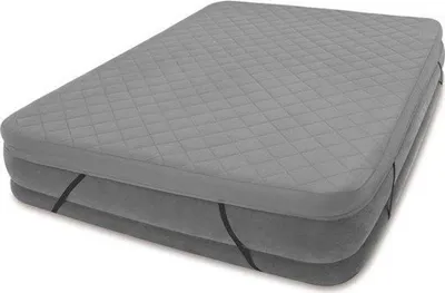 A gray inflatable mattress is shown from a slightly elevated side angle against a white background.