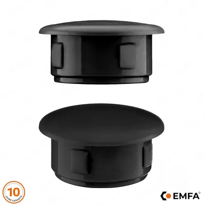 Two black blind plugs are shown against a white background. A circular orange badge with the number '10' and text is visible in the bottom left corner. The EMFA logo is in the bottom right corner.