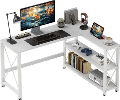Produktbild von HOMCOM Wendbarer modularer Eckschreibtisch, moderner Schreibtisch mit Ablagefach, Metallgestell, Computertisch für kleine Räume, Wohnzimmer, 135 x 110 x 75 cm, Weiß