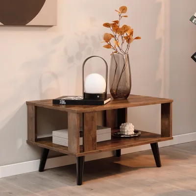 Image de COSTWAY Table basse 2 niveaux, table d'appoint industrielle, table basse rectangulaire table basse pour salon 70x50x41cm