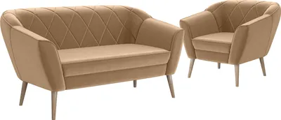 A beige sofa and armchair set on a white background.