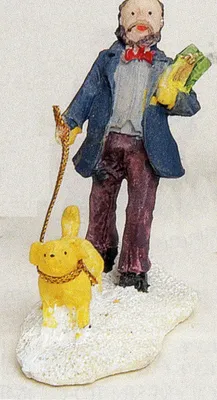 Ein Mann der einen Hund an der Leine führt. Er  trägt dunkelblauen Mantel und lilafarbene Hosen.