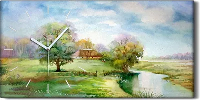 Produktbild von Wandkunst Leinwand Bild Uhr 60x30 Gemälde Landschaft Bäume Himmel Wolken - weiße Hände