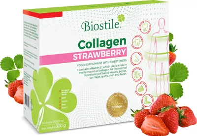 Produktbild von Biostile Collagen Strawberry - 30 saszetek z 5 źródłami hydrolizowanego kolagenu, witaminą C, kurkuminą i shilajitem dla skóry, stawów i kości.