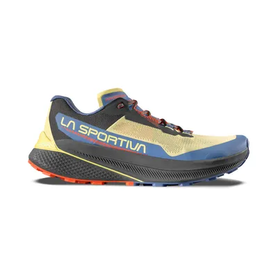 La Sportiva Prodigio Woman Trailrunning-Schuhe in Gelb und Blau mit rutschfester Sohle.