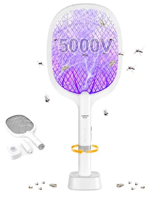 Zdjęcie produktu dla Elektryczna łapka na muchy 5000V, ładowalna łapka na komary z baterią 2000mAh i światłem UV
