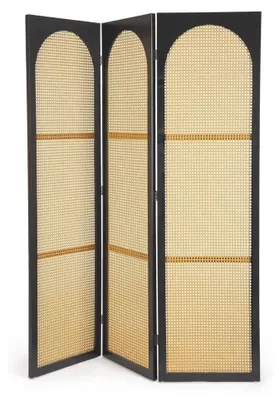Produktbild von Vintage Raumteiler Paravent aus Holz und schwarzem Rattan 150x2x180 Josine YES