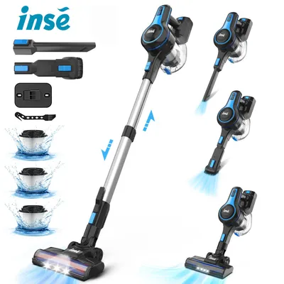 A collage of images showcasing a cordless vacuum cleaner and its accessories, with some images demonstrating its use and features.