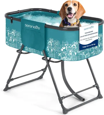 Immagine prodotto di Vasca da bagno per cani SereneLife, vasca rialzata e pieghevole con cintura a 3 punti, scarico e tasche laterali, ideale per viaggi, balcone e casa, fino a 59 kg