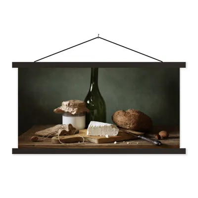 Produktbild von MuchoWow® Textilposter Rustikal - Brie - Stillleben - Flasche - Brot 60x30 cm mit schwarzem Rahmen - Textilien