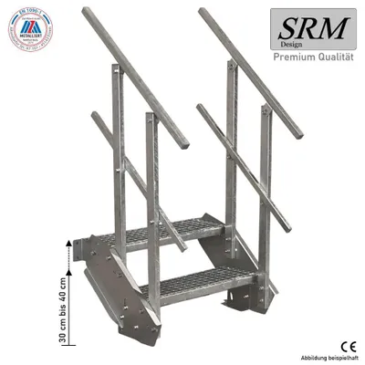 Immagine prodotto di scala in acciaio a 2 gradini su entrambi i lati. Larghezza ringhiera 110 cm Altezza piano 30 - 40 cm
