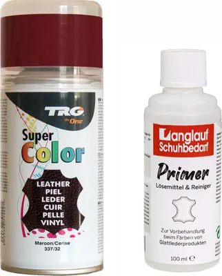 Produktbild von TRG Lederfarbspray 150ml Dose + Primer Lederreiniger 100ml - Color Spray, Farbspray Schnelltrocknend, Abriebfest - zum Färben aller Glattleder und Kunstleder kirschrot 337/32