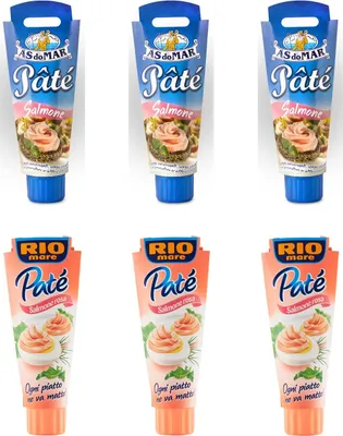 Produktbild von 3x Rio Mare Patè Tonno Salmone rosa Lachs Thunfischcreme 100g Streichfähige + 3x AS do MAR Patè Salmone 100g