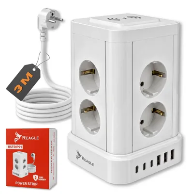Image de Reagle Multiprise tour verticale 8 prises & 6 USB (3x USB-C), câble 3m, charge sans fil, protection contre surtension 2500W blanche