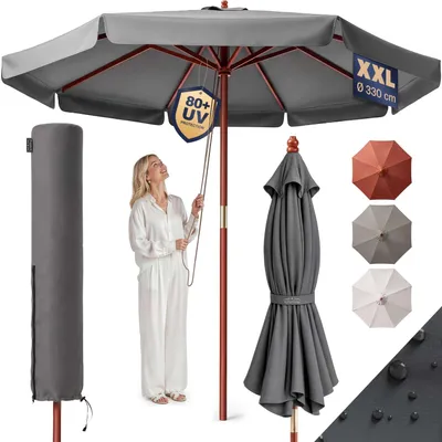 Produktbild von KINGSLEEVE® Holz Sonnenschirm 330 cm UV Schutz 80+ Schutzhülle Seilzug Groß Rund Stabil Windfest Marktschirm Gartenschirm Terrasse Balkon Anthrazit