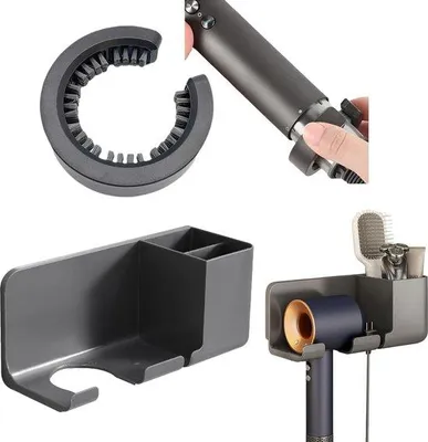 Image de Support mural Unyqoos® pour sèche-cheveux, sans perçage – Support mural avec espace de rangement pour les sèche-cheveux Dyson et la plupart des autres modèles, en ABS, diamètre de manche jusqu'à 5 cm, inclut une brosse de nettoyage