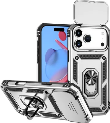 Image de Étui pour iPhone 17 Pro Max étui double couche avec couvercle coulissant pour appareil photo et anneau de support Argent