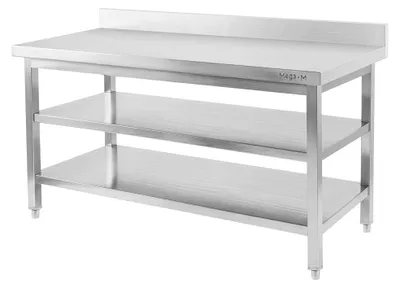 Zdjęcie produktu dla Stół gastronomiczny ze stali nierdzewnej przyścienny z 2-ma półkami Mega-M X STANDARD 180x70x85 cm