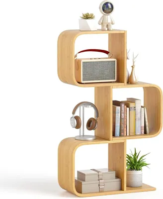 Immagine prodotto di libreria a 3 livelli, scaffale a forma di S con 3 cubi, scaffale in bambù per soggiorno, ufficio, camera da letto, scaffale a cubo, naturale (3 cubi)