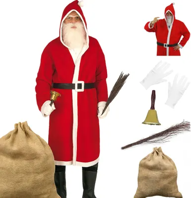 Produktbild von Weihnachtsmann-Kostüm Herren 6-tlg. Komplett-Set mit Bart, Jutesack & Glocke