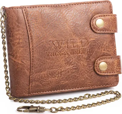 Zdjęcie produktu dla WILD Portfel Męski z metalowym łańcuchem i karabińczykiem Duży Brązowy