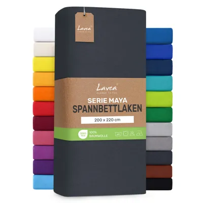Zdjęcie produktu dla Lavea® Pościel na materac z gumką, 200x220 cm, wzór Maya, 100% bawełna, przeznaczona do łóżek z materacem sprężynowym, łóżek wodnych, oddychająca, pasuje do materacy o grubości do 35 cm - kolor antracyt