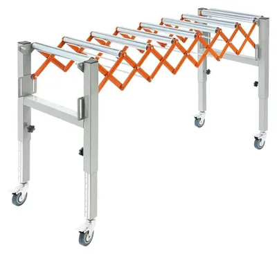 Image de Convoyeur à rouleaux - Convoyeur à rouleaux 130 cm - Longueur réglable de 46 à 130 cm - Hauteur réglable de 50 à 80 cm - 4 roulettes pivotantes avec freins - Cadre en fer - Argent
