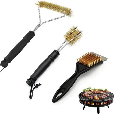 Produktbild von 3-teiliges Messingbürsten-Set, Grillbürste für Gusseisenroste, Edelstahl mit Schaber, Reinigungsbürste für Gasgrills, Halterung