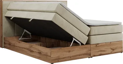 Produktbild von MKS MEBLE Boxspringbett, Doppelbett mit zwei Multipocket-Matratzen ALBERO 1 KING, Bettkästen und Kopfteil, Holzkiste in Wotan-Eichenfarbe - 160x200 cm - H3 - Beige Velvet
