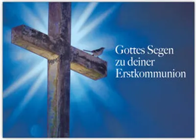 Produktbild von 4x Moderne Glückwunschkarte zur Kommunion mit Vögelchen und Kreuz "Gottes Segen zu deiner Erstkommunion"