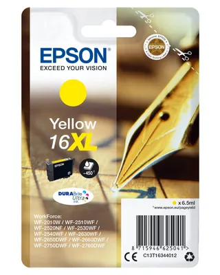 The image shows the retail packaging of an Epson 16XL yellow ink cartridge.