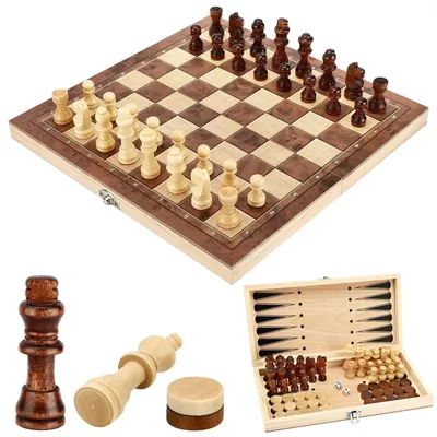 Productafbeelding van Omgoods - 3-in-1 Houten Schaakbord met Backgammon en Damspel
