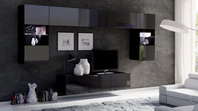 Produktbild von Wohnwand CALABRINI-2 Wohnzimmer-Set Hängewohnwand Schrankwand mit LED-Beleuchtung TV-Schrank Vitrine Moderne Anbauwand Hochglanz (Schwarz Hochglanz)