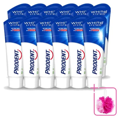 Imagen del producto de 12 unidades de pasta dental Prodent White System, que blanquea los dientes de forma natural, envase de 75 ml, pack ahorro