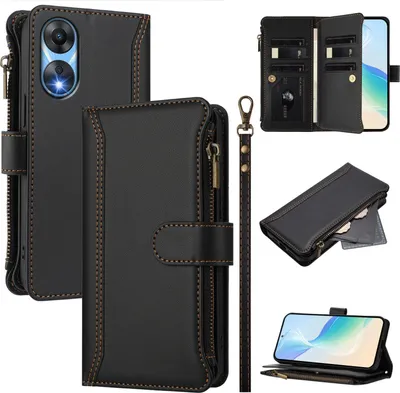 Produktbild von Handyhülle für Oppo A78 5G Reißverschluss Geldbörse Kunstleder Klapphülle mit Kartensteckplatz, Ständer, Handschlaufe Schwarz