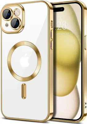 Obrázek produktu pro Magnetické čiré pouzdro pro iPhone 15, kompatibilní s MagSafe, galvanicky pokovené ochranné pouzdro s ochranou fotoaparátu Zlato