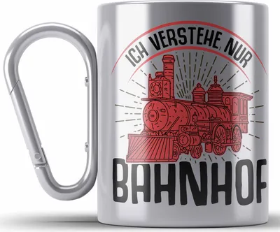 Produktbild von Trendation - Ich Versteh Nur Bahnhof Lokführer Edelstahl Tasse Karabiner Geschenk Eisenbahner Spruch Lokomotive Geschenkidee Eisenbahn (Silber)