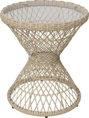 Produktbild von Couchtisch Beistelltisch Boho-Design, Glasplatte, PE-Rattan, 45 cm x 45 cm x 52 cm, Natur