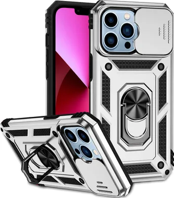 Image de Étui pour iPhone 13 Pro étui double couche avec cache-appareil photo coulissant et anneau de support Argent