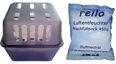 Produktbild von 2x 1l Raumentfeuchter Box mit 10x 450g "reilo" Luftentfeuchter Granulat (Calciumchlorid) im Vliesbeutel