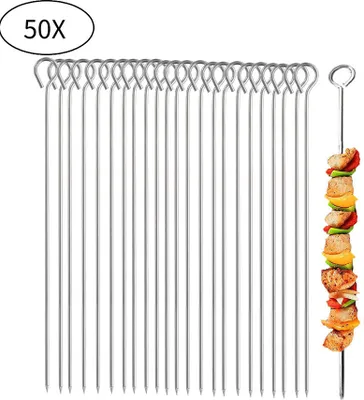 Image de 50 brochettes à roulade, brochettes de barbecue, brochettes de chachlik en acier inoxydable, réutilisables pour les feux de camp, 35,8 cm